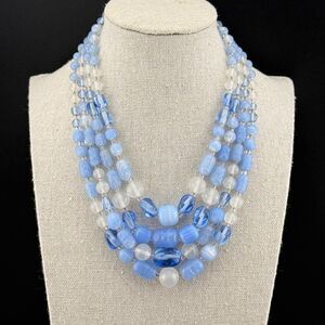 Vintage 1950 Japan 4-Strand Necklace Baby Blue Opaline Frosted Clear Glass Beads